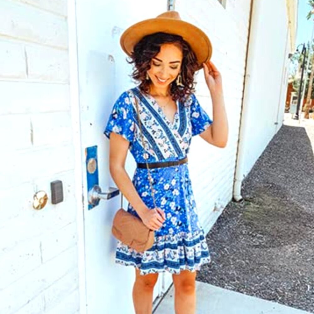 ZESICA Dress Blue Pink Wrap Boho Summer Floral Short Flutter Sleeves  M